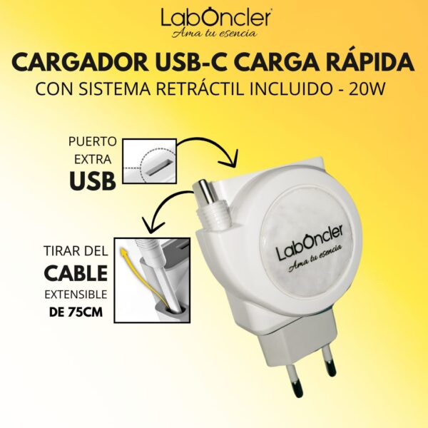 CARGADOR ULTRA RAPIDO 20W ENROLLABLE PARA ANDROID Y IPHONE 15.